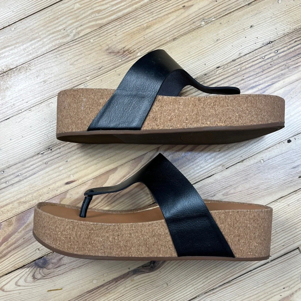 Lucky Brand Lizabi Black Platform Thong Wedge Sandals Cork Heel boho size 9
